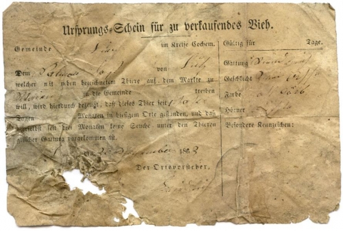 Note of origin for cattle, 1863, district Cochem (Nizi_Ges_6)