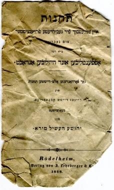 Teḥinnes. Ayn Gebetbukh fir Gebildete Froienzimmer zum Gebroikh bei der efentlikhen und haislikhen Andakht …[„a prayer book for learned women for use during public and private prayer service“] edited by Yehoshua Hirshel Miro, Rödelheim: J. Lehrberger &amp; Co. 1859 (Nizi_Tehinnot_42)